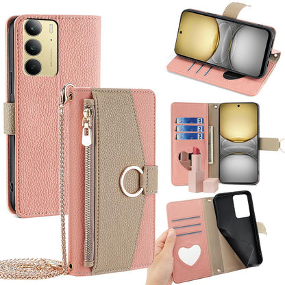 Realme 14x 5G Global Crossbody Phone Case with Litchi Texture Leather, Adjustable Kickstand, Card Slots, Zipper Purse, Makeup Mirror, and TPU Protection