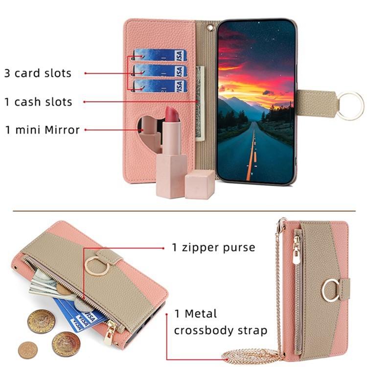 Realme 14x 5G Global Crossbody Phone Case with Litchi Texture Leather, Adjustable Kickstand, Card Slots, Zipper Purse, Makeup Mirror, and TPU Protection