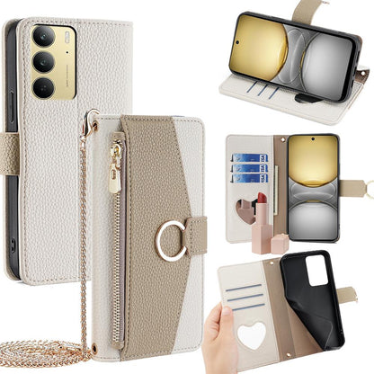 Realme C75 4G Crossbody Phone Case with Litchi Texture Leather, Adjustable Kickstand, Card Slots, Zipper Purse, Makeup Mirror, and TPU Protection