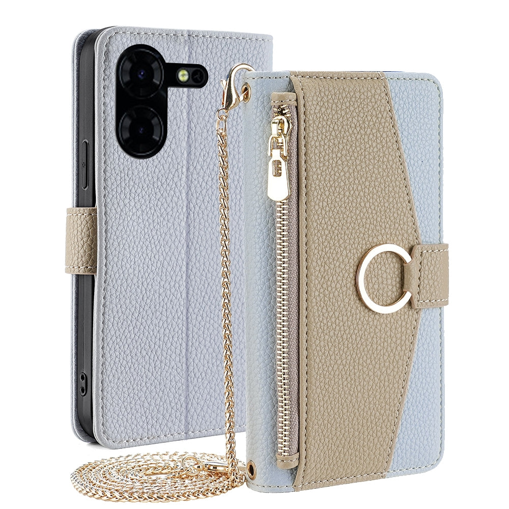 Tecno Pova 5 Pro Crossbody Phone Case with Litchi Texture Leather, Adjustable Kickstand, Card Slots, Zipper Purse, Makeup Mirror, and TPU Protection