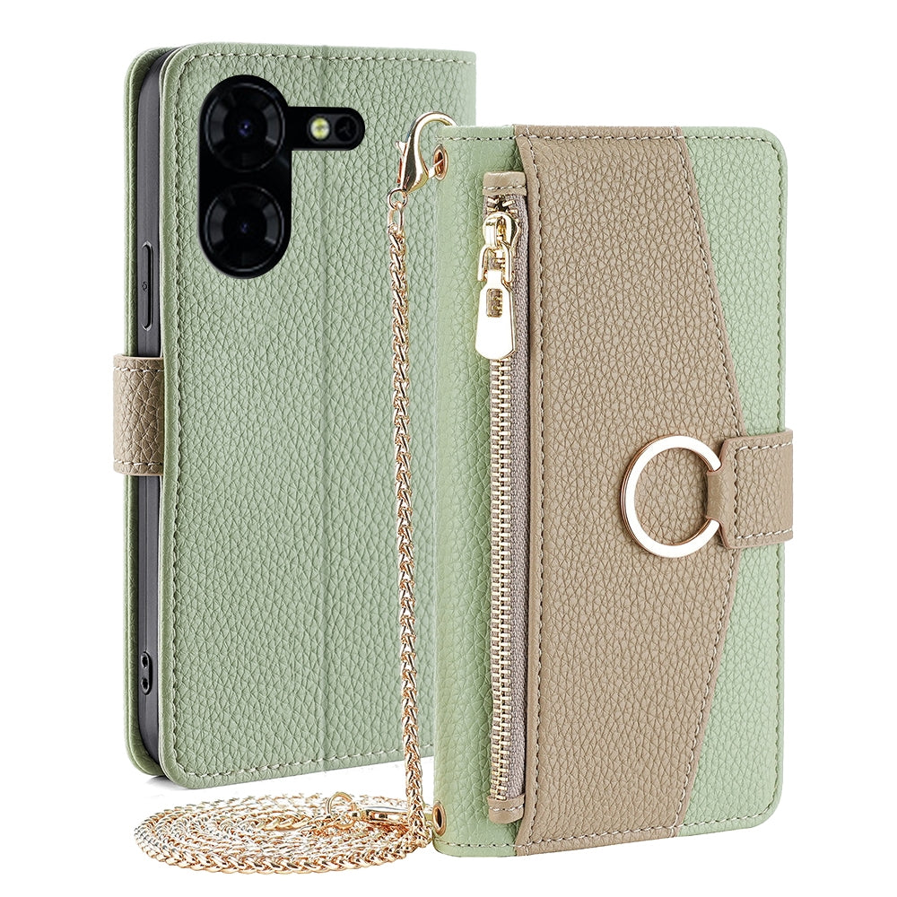 Tecno Pova 5 Pro Crossbody Phone Case with Litchi Texture Leather, Adjustable Kickstand, Card Slots, Zipper Purse, Makeup Mirror, and TPU Protection