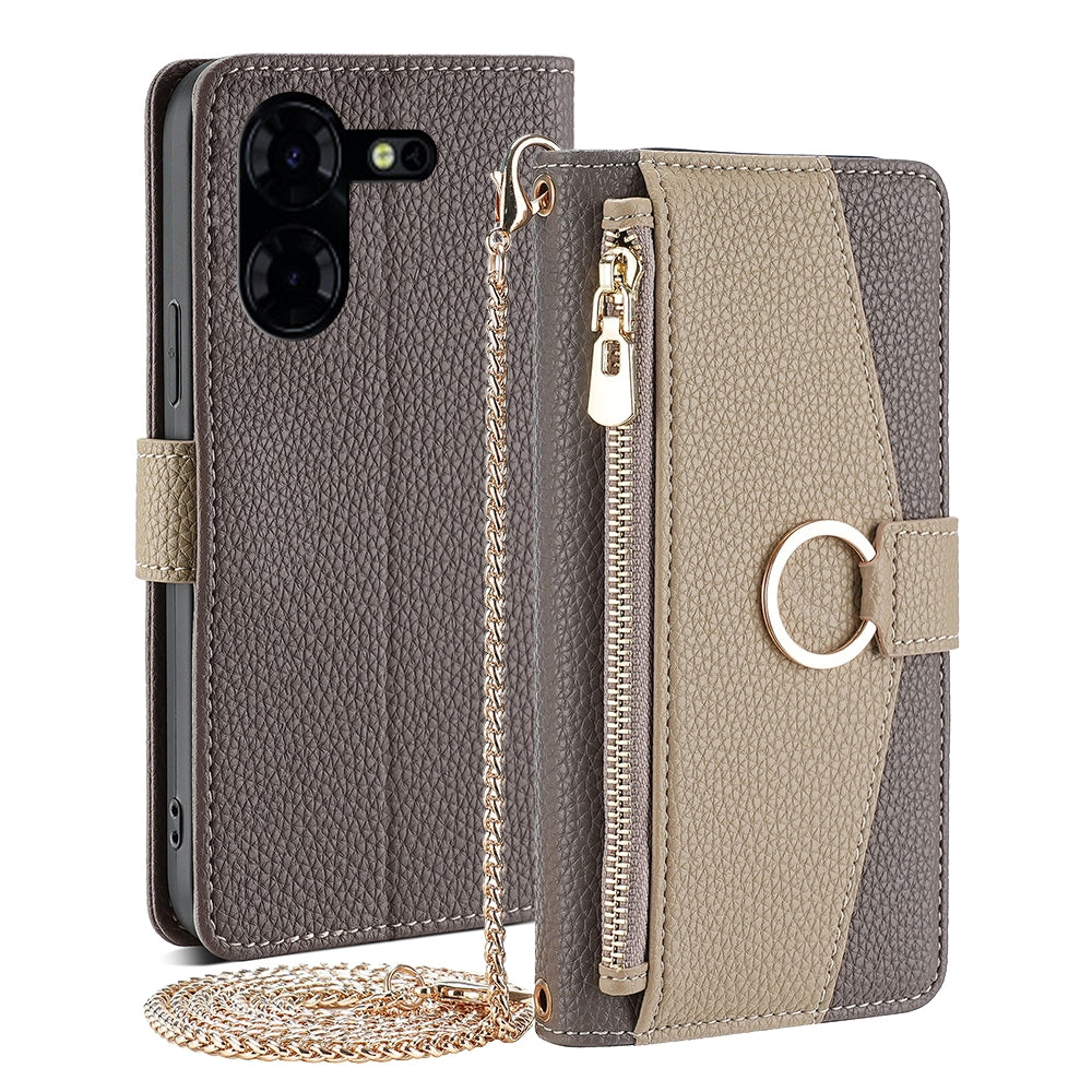 Tecno Pova 5 Pro Crossbody Phone Case with Litchi Texture Leather, Adjustable Kickstand, Card Slots, Zipper Purse, Makeup Mirror, and TPU Protection