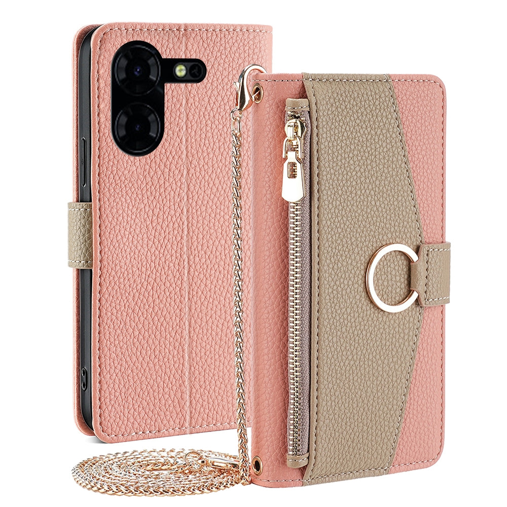 Tecno Pova 5 Pro Crossbody Phone Case with Litchi Texture Leather, Adjustable Kickstand, Card Slots, Zipper Purse, Makeup Mirror, and TPU Protection