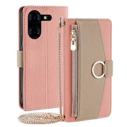 Tecno Pova 5 Pro Crossbody Phone Case with Litchi Texture Leather, Adjustable Kickstand, Card Slots, Zipper Purse, Makeup Mirror, and TPU Protection