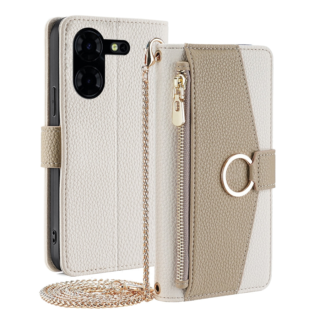 Tecno Pova 5 Pro Crossbody Phone Case with Litchi Texture Leather, Adjustable Kickstand, Card Slots, Zipper Purse, Makeup Mirror, and TPU Protection