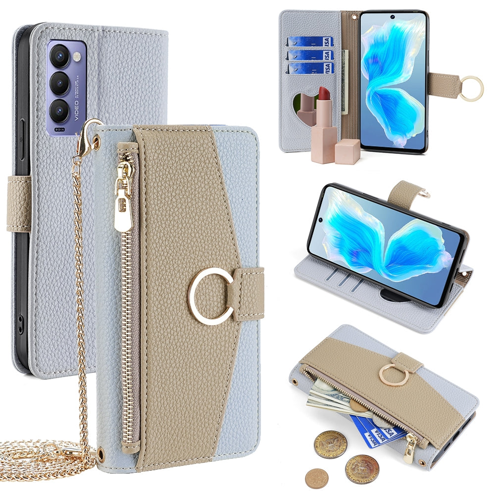 Tecno Camon 18/18 P Crossbody Phone Case with Litchi Texture Leather, Adjustable Kickstand, Card Slots, Zipper Purse, Makeup Mirror, and TPU Protection