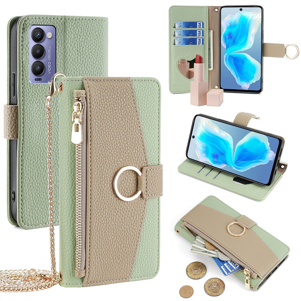 Tecno Camon 18/18 P Crossbody Phone Case with Litchi Texture Leather, Adjustable Kickstand, Card Slots, Zipper Purse, Makeup Mirror, and TPU Protection