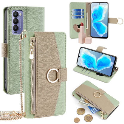 Tecno Camon 18/18 P Crossbody Phone Case with Litchi Texture Leather, Adjustable Kickstand, Card Slots, Zipper Purse, Makeup Mirror, and TPU Protection