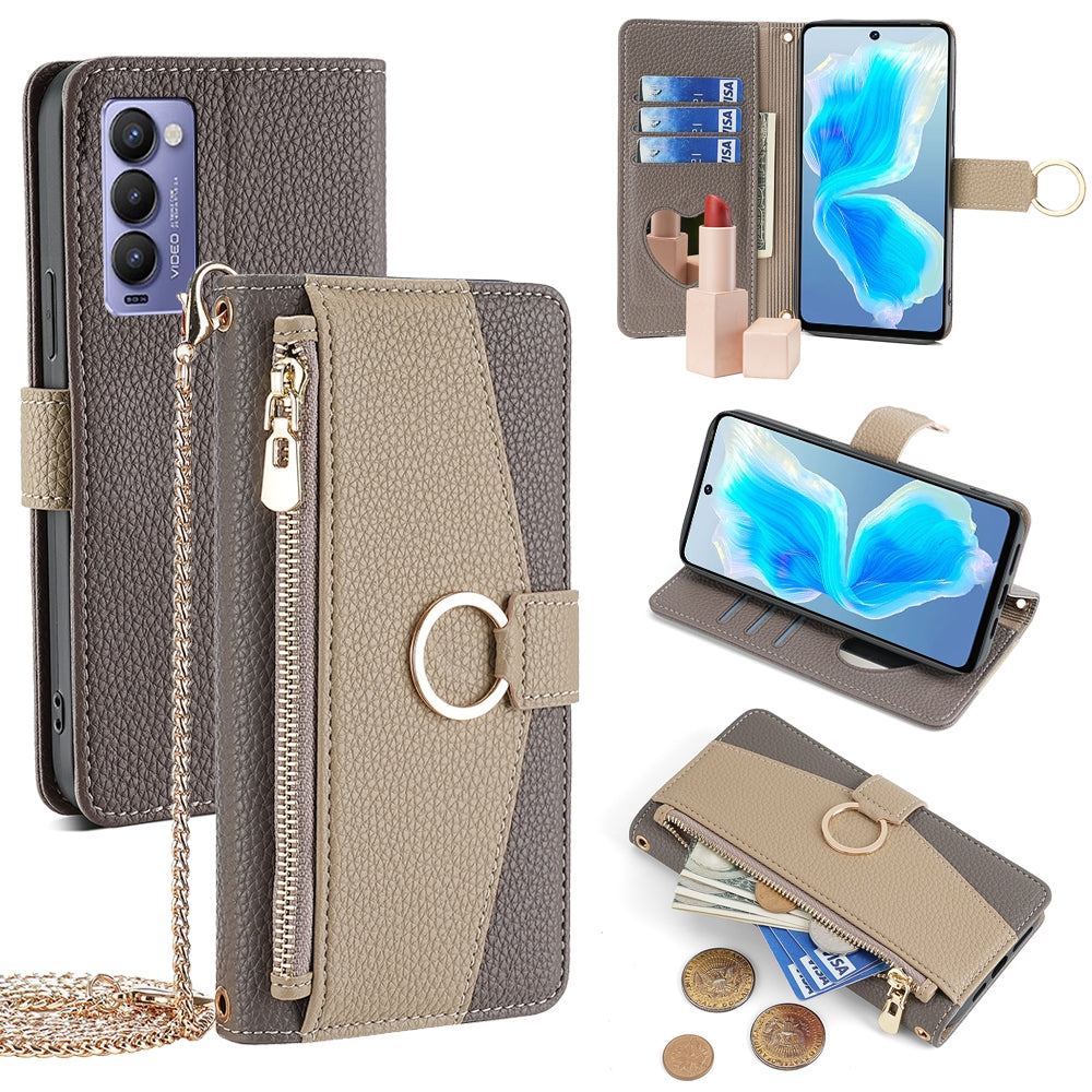 Tecno Camon 18/18 P Crossbody Phone Case with Litchi Texture Leather, Adjustable Kickstand, Card Slots, Zipper Purse, Makeup Mirror, and TPU Protection