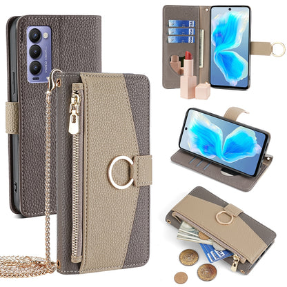 Tecno Camon 18/18 P Crossbody Phone Case with Litchi Texture Leather, Adjustable Kickstand, Card Slots, Zipper Purse, Makeup Mirror, and TPU Protection