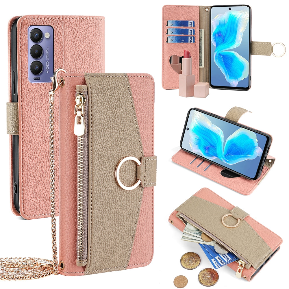 Tecno Camon 18/18 P Crossbody Phone Case with Litchi Texture Leather, Adjustable Kickstand, Card Slots, Zipper Purse, Makeup Mirror, and TPU Protection