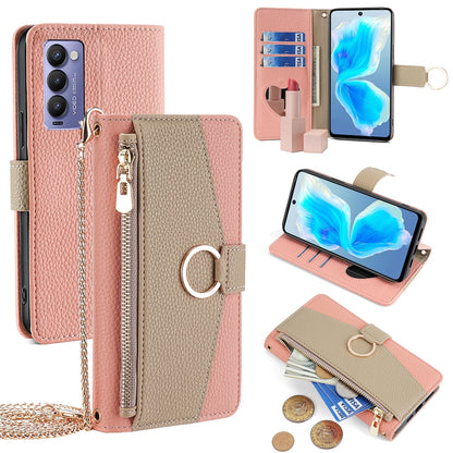 Tecno Camon 18/18 P Crossbody Phone Case with Litchi Texture Leather, Adjustable Kickstand, Card Slots, Zipper Purse, Makeup Mirror, and TPU Protection