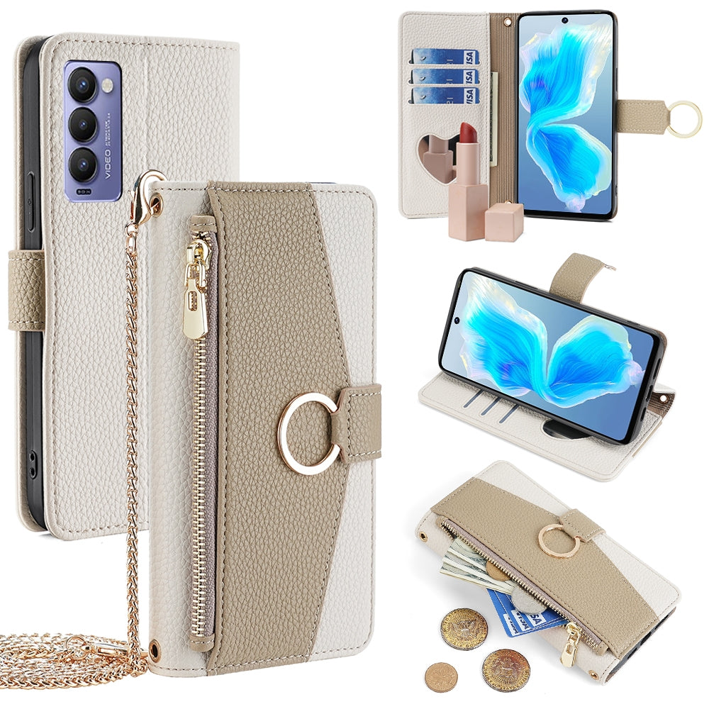 Tecno Camon 18/18 P Crossbody Phone Case with Litchi Texture Leather, Adjustable Kickstand, Card Slots, Zipper Purse, Makeup Mirror, and TPU Protection