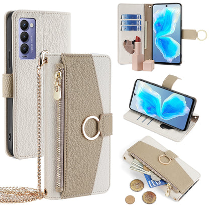 Tecno Camon 18/18 P Crossbody Phone Case with Litchi Texture Leather, Adjustable Kickstand, Card Slots, Zipper Purse, Makeup Mirror, and TPU Protection