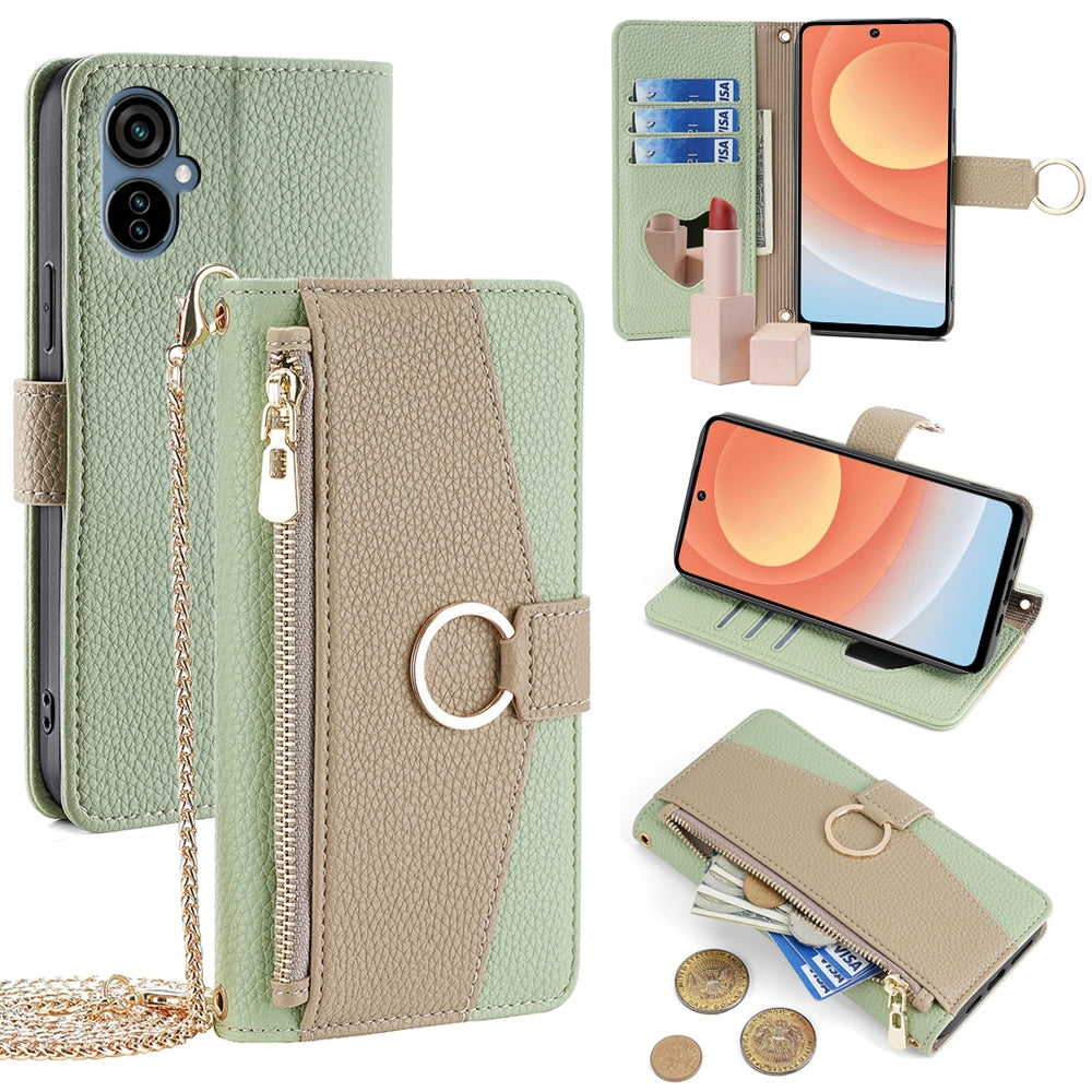 Tecno Camon 19 Neo Crossbody Phone Case with Litchi Texture Leather, Adjustable Kickstand, Card Slots, Zipper Purse, Makeup Mirror, and TPU Protection