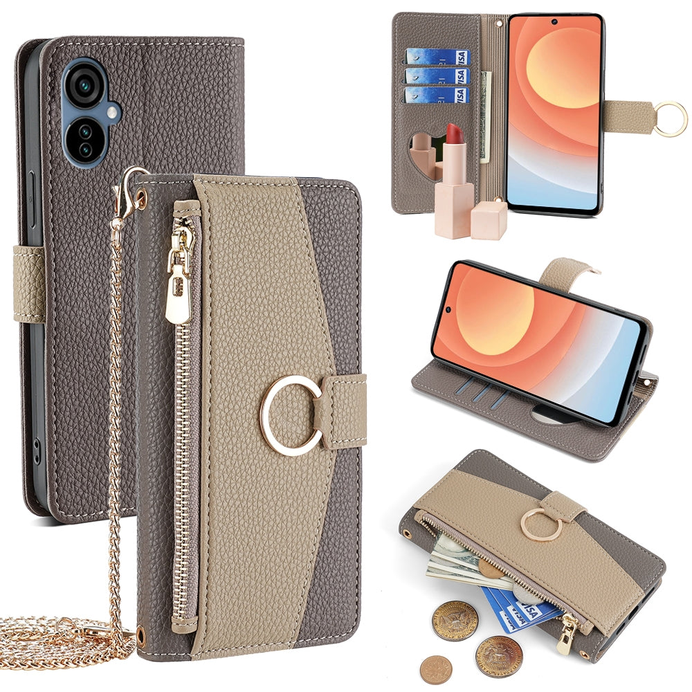 Tecno Camon 19 Neo Crossbody Phone Case with Litchi Texture Leather, Adjustable Kickstand, Card Slots, Zipper Purse, Makeup Mirror, and TPU Protection