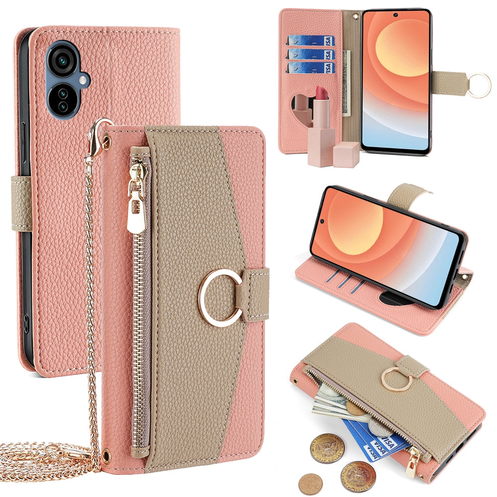 Tecno Camon 19 Neo Crossbody Phone Case with Litchi Texture Leather, Adjustable Kickstand, Card Slots, Zipper Purse, Makeup Mirror, and TPU Protection