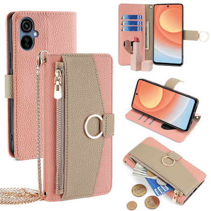 Tecno Camon 19 Neo Crossbody Phone Case with Litchi Texture Leather, Adjustable Kickstand, Card Slots, Zipper Purse, Makeup Mirror, and TPU Protection