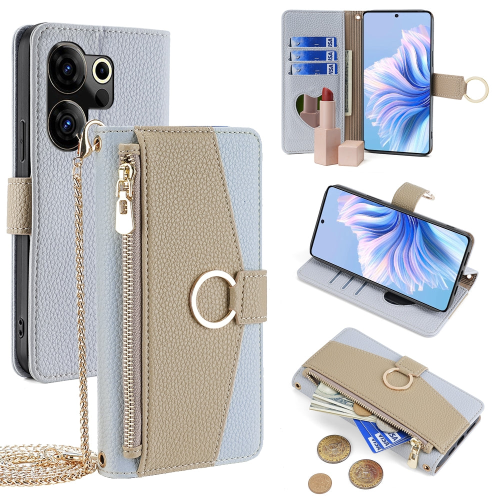 Tecno Camon 20 Premier 5G Crossbody Phone Case with Litchi Texture Leather, Adjustable Kickstand, Card Slots, Zipper Purse, Makeup Mirror, and TPU Protection