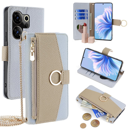 Tecno Camon 20 Premier 5G Crossbody Phone Case with Litchi Texture Leather, Adjustable Kickstand, Card Slots, Zipper Purse, Makeup Mirror, and TPU Protection