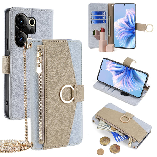 Tecno Camon 20 Premier 5G Crossbody Phone Case with Litchi Texture Leather, Adjustable Kickstand, Card Slots, Zipper Purse, Makeup Mirror, and TPU Protection