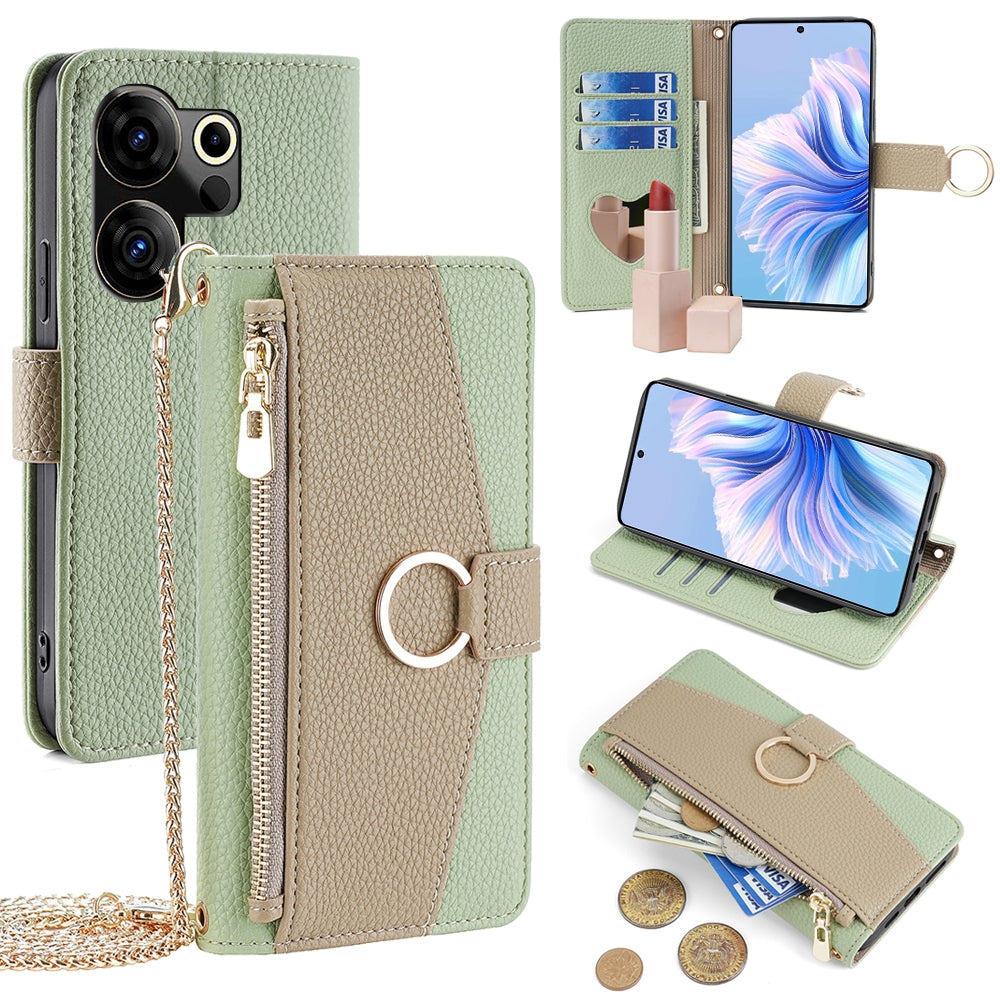 Tecno Camon 20 Premier 5G Crossbody Phone Case with Litchi Texture Leather, Adjustable Kickstand, Card Slots, Zipper Purse, Makeup Mirror, and TPU Protection