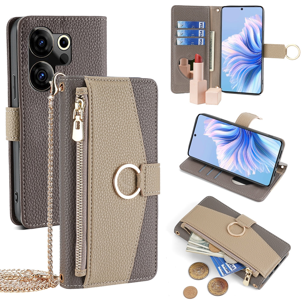Tecno Camon 20 Premier 5G Crossbody Phone Case with Litchi Texture Leather, Adjustable Kickstand, Card Slots, Zipper Purse, Makeup Mirror, and TPU Protection