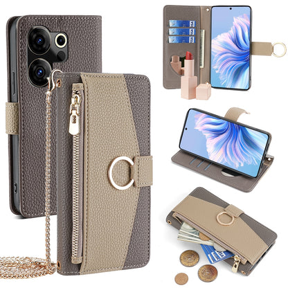 Tecno Camon 20 Premier 5G Crossbody Phone Case with Litchi Texture Leather, Adjustable Kickstand, Card Slots, Zipper Purse, Makeup Mirror, and TPU Protection