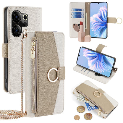 Tecno Camon 20 Premier 5G Crossbody Phone Case with Litchi Texture Leather, Adjustable Kickstand, Card Slots, Zipper Purse, Makeup Mirror, and TPU Protection