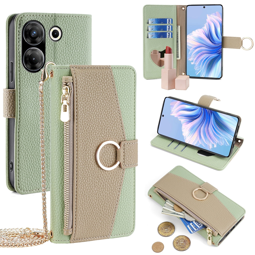 Tecno Camon 20 Pro 5G Crossbody Phone Case with Litchi Texture Leather, Adjustable Kickstand, Card Slots, Zipper Purse, Makeup Mirror, and TPU Protection