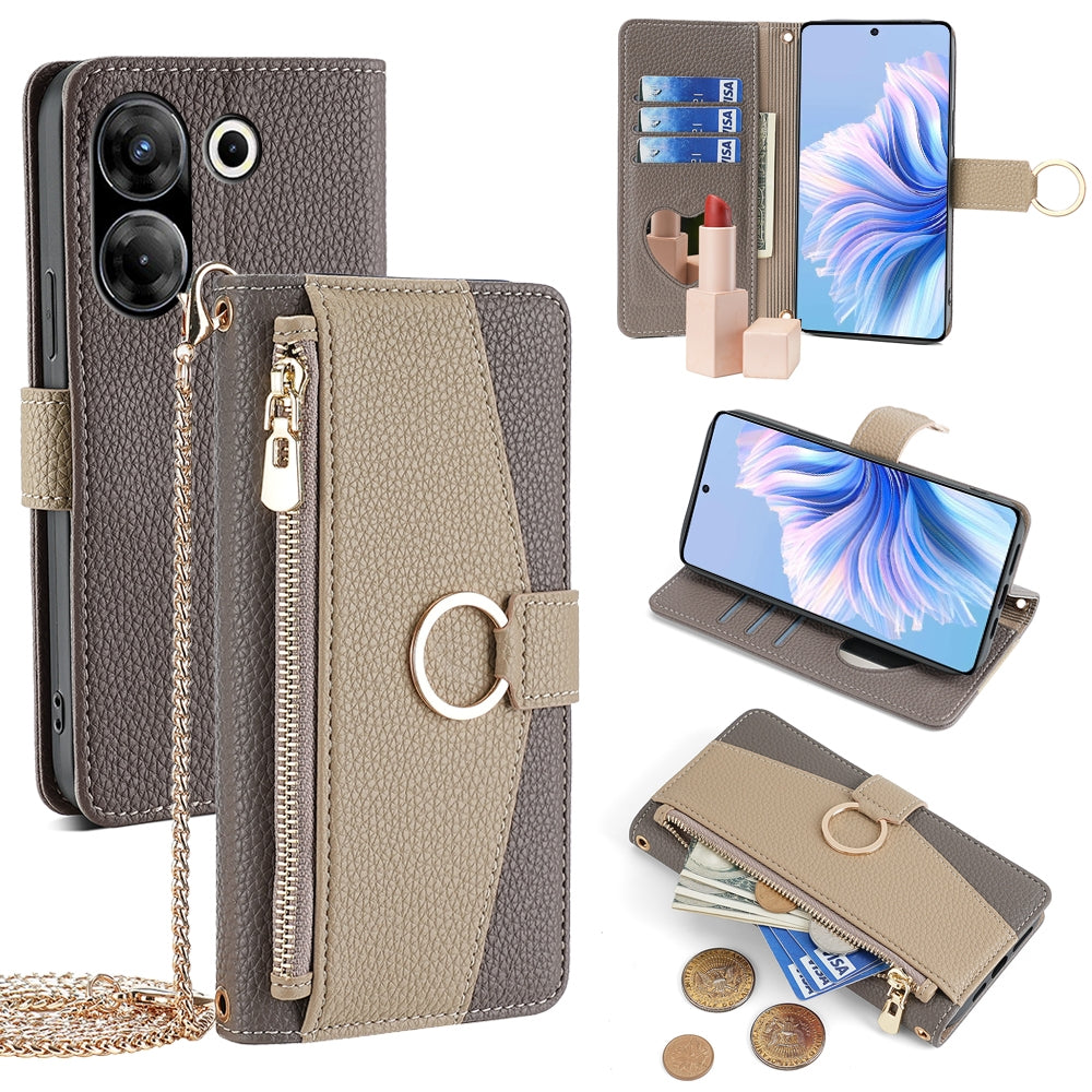 Tecno Camon 20 Pro 5G Crossbody Phone Case with Litchi Texture Leather, Adjustable Kickstand, Card Slots, Zipper Purse, Makeup Mirror, and TPU Protection