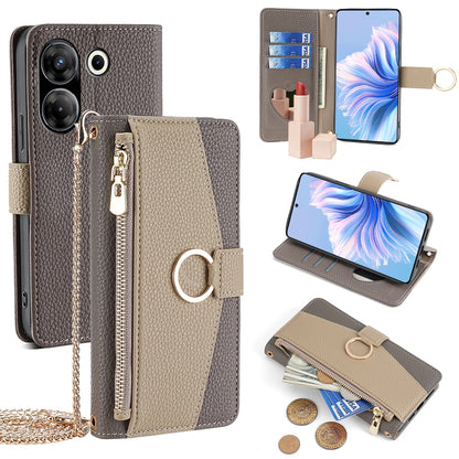 Tecno Camon 20 Pro 5G Crossbody Phone Case with Litchi Texture Leather, Adjustable Kickstand, Card Slots, Zipper Purse, Makeup Mirror, and TPU Protection