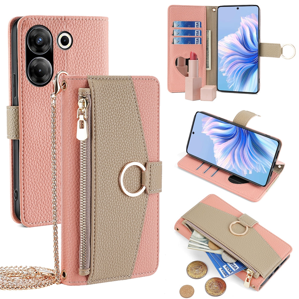 Tecno Camon 20 Pro 5G Crossbody Phone Case with Litchi Texture Leather, Adjustable Kickstand, Card Slots, Zipper Purse, Makeup Mirror, and TPU Protection
