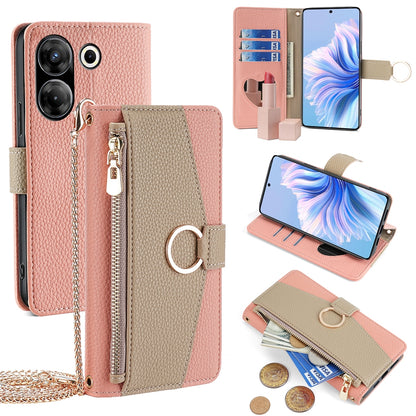 Tecno Camon 20 Pro 5G Crossbody Phone Case with Litchi Texture Leather, Adjustable Kickstand, Card Slots, Zipper Purse, Makeup Mirror, and TPU Protection