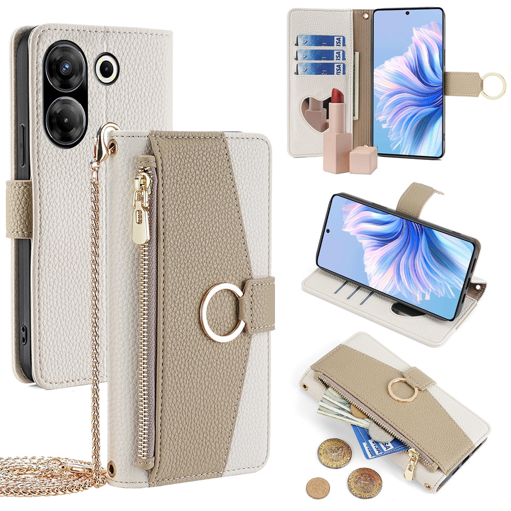 Tecno Camon 20 Pro 5G Crossbody Phone Case with Litchi Texture Leather, Adjustable Kickstand, Card Slots, Zipper Purse, Makeup Mirror, and TPU Protection