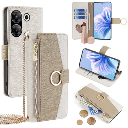 Tecno Camon 20 Pro 5G Crossbody Phone Case with Litchi Texture Leather, Adjustable Kickstand, Card Slots, Zipper Purse, Makeup Mirror, and TPU Protection