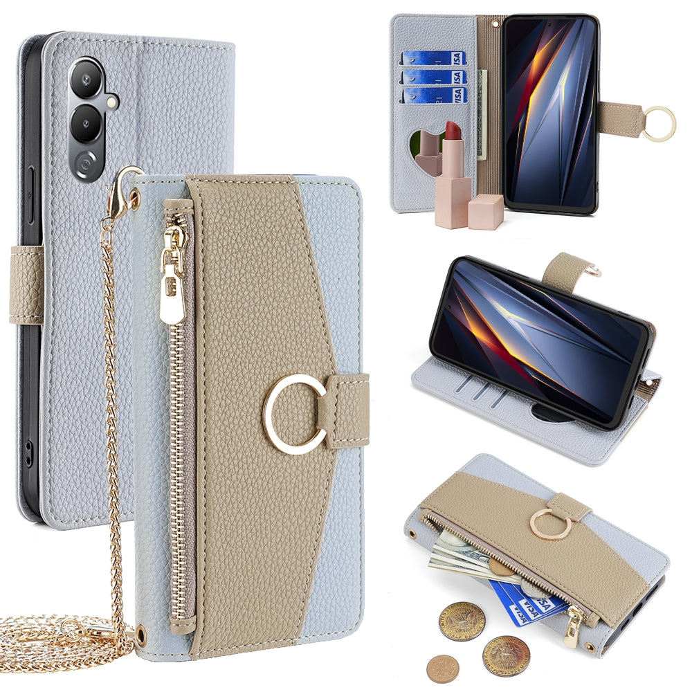 Tecno Pova 4 Crossbody Phone Case with Litchi Texture Leather, Adjustable Kickstand, Card Slots, Zipper Purse, Makeup Mirror, and TPU Protection