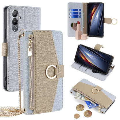 Tecno Pova 4 Crossbody Phone Case with Litchi Texture Leather, Adjustable Kickstand, Card Slots, Zipper Purse, Makeup Mirror, and TPU Protection