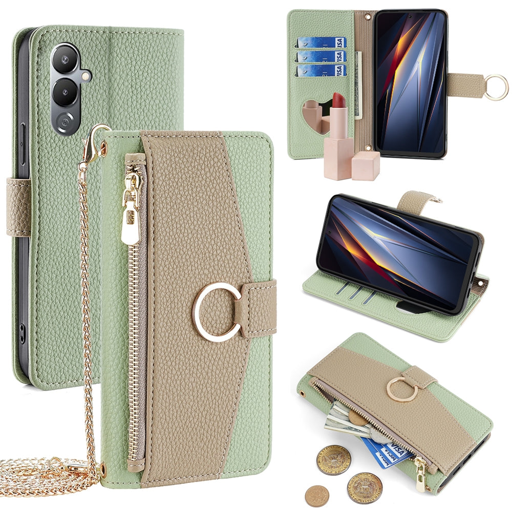 Tecno Pova 4 Crossbody Phone Case with Litchi Texture Leather, Adjustable Kickstand, Card Slots, Zipper Purse, Makeup Mirror, and TPU Protection