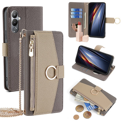 Tecno Pova 4 Crossbody Phone Case with Litchi Texture Leather, Adjustable Kickstand, Card Slots, Zipper Purse, Makeup Mirror, and TPU Protection
