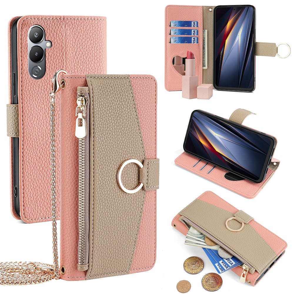 Tecno Pova 4 Crossbody Phone Case with Litchi Texture Leather, Adjustable Kickstand, Card Slots, Zipper Purse, Makeup Mirror, and TPU Protection