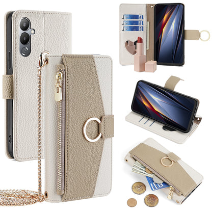 Tecno Pova 4 Crossbody Phone Case with Litchi Texture Leather, Adjustable Kickstand, Card Slots, Zipper Purse, Makeup Mirror, and TPU Protection