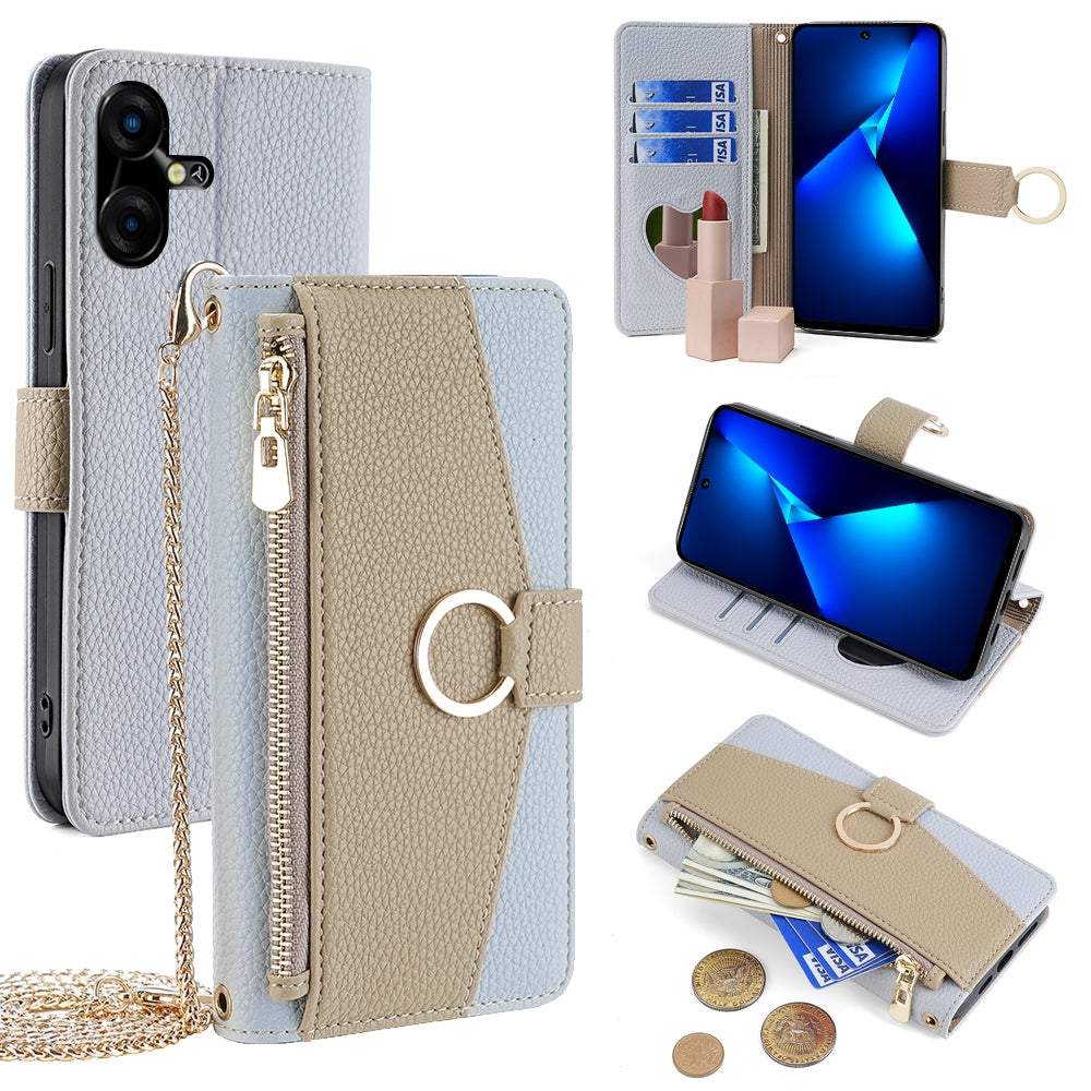 Tecno Pova Neo 3 Crossbody Phone Case with Litchi Texture Leather, Adjustable Kickstand, Card Slots, Zipper Purse, Makeup Mirror, and TPU Protection