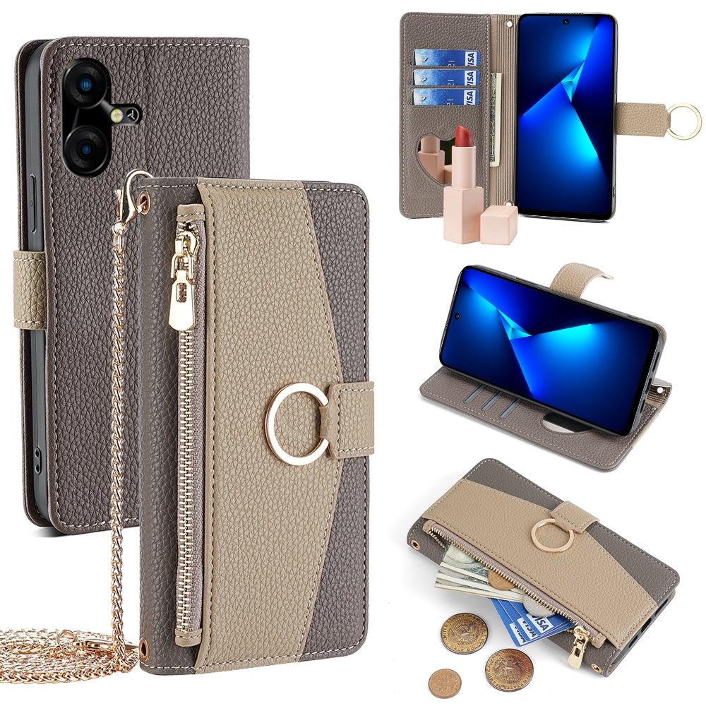 Tecno Pova Neo 3 Crossbody Phone Case with Litchi Texture Leather, Adjustable Kickstand, Card Slots, Zipper Purse, Makeup Mirror, and TPU Protection