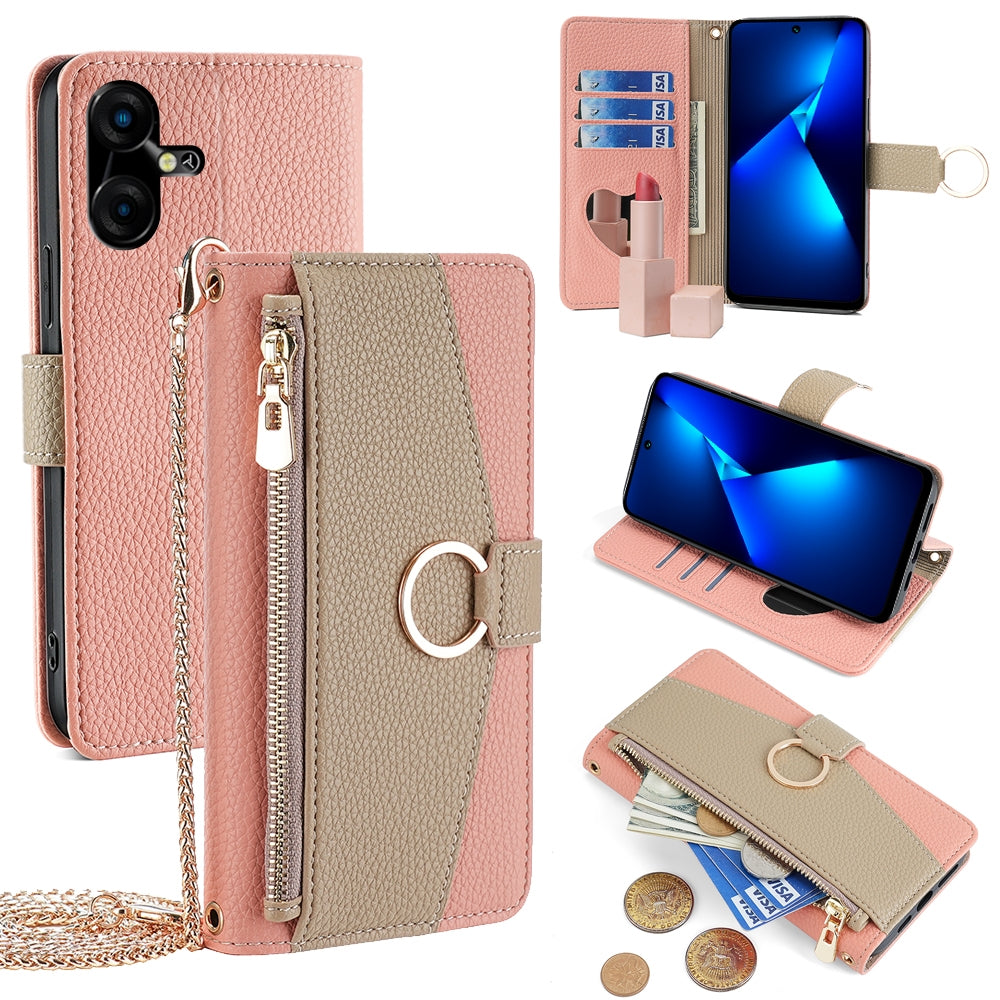 Tecno Pova Neo 3 Crossbody Phone Case with Litchi Texture Leather, Adjustable Kickstand, Card Slots, Zipper Purse, Makeup Mirror, and TPU Protection