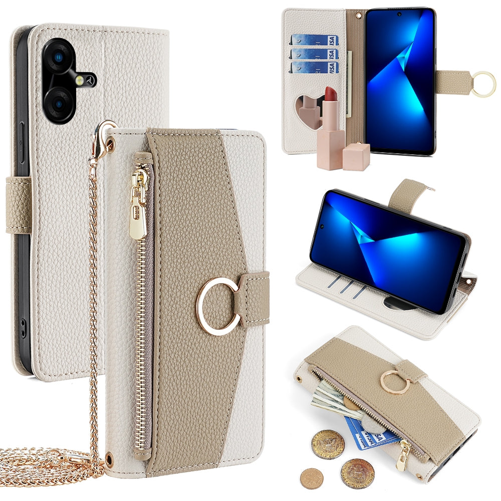 Tecno Pova Neo 3 Crossbody Phone Case with Litchi Texture Leather, Adjustable Kickstand, Card Slots, Zipper Purse, Makeup Mirror, and TPU Protection