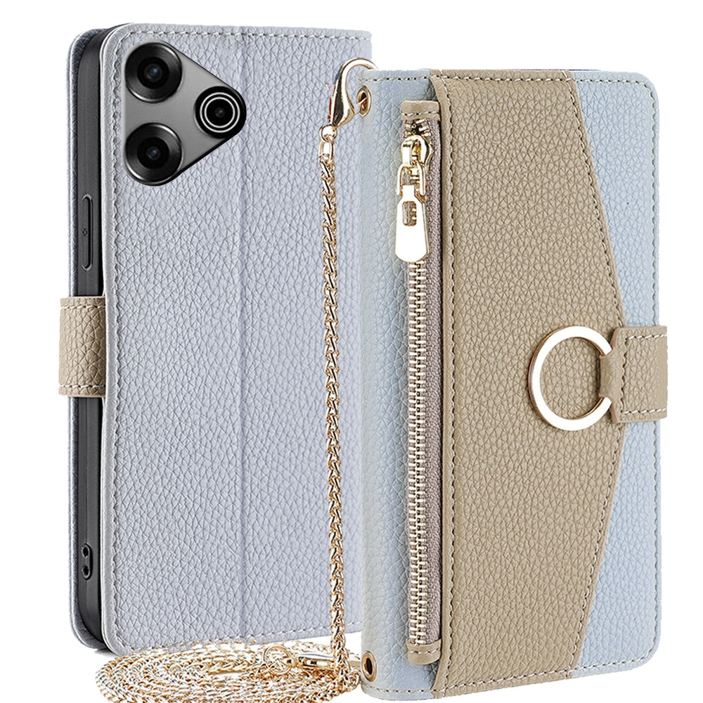 Tecno Pova 6 Pro 5G Crossbody Phone Case with Litchi Texture Leather, Adjustable Kickstand, Card Slots, Zipper Purse, Makeup Mirror, and TPU Protection