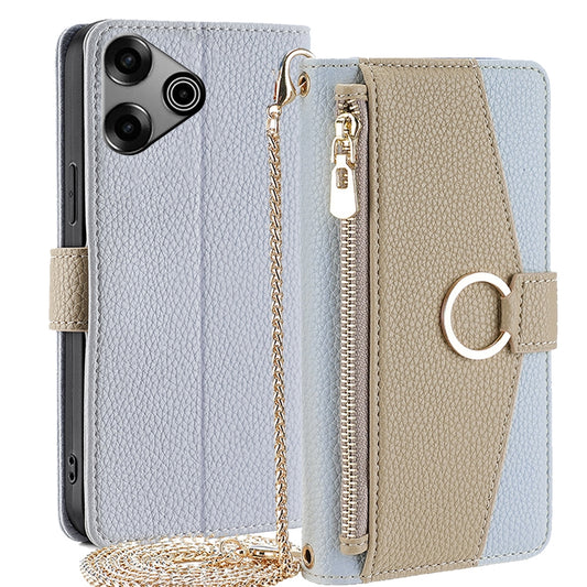 Tecno Pova 6 Pro 5G Crossbody Phone Case with Litchi Texture Leather, Adjustable Kickstand, Card Slots, Zipper Purse, Makeup Mirror, and TPU Protection