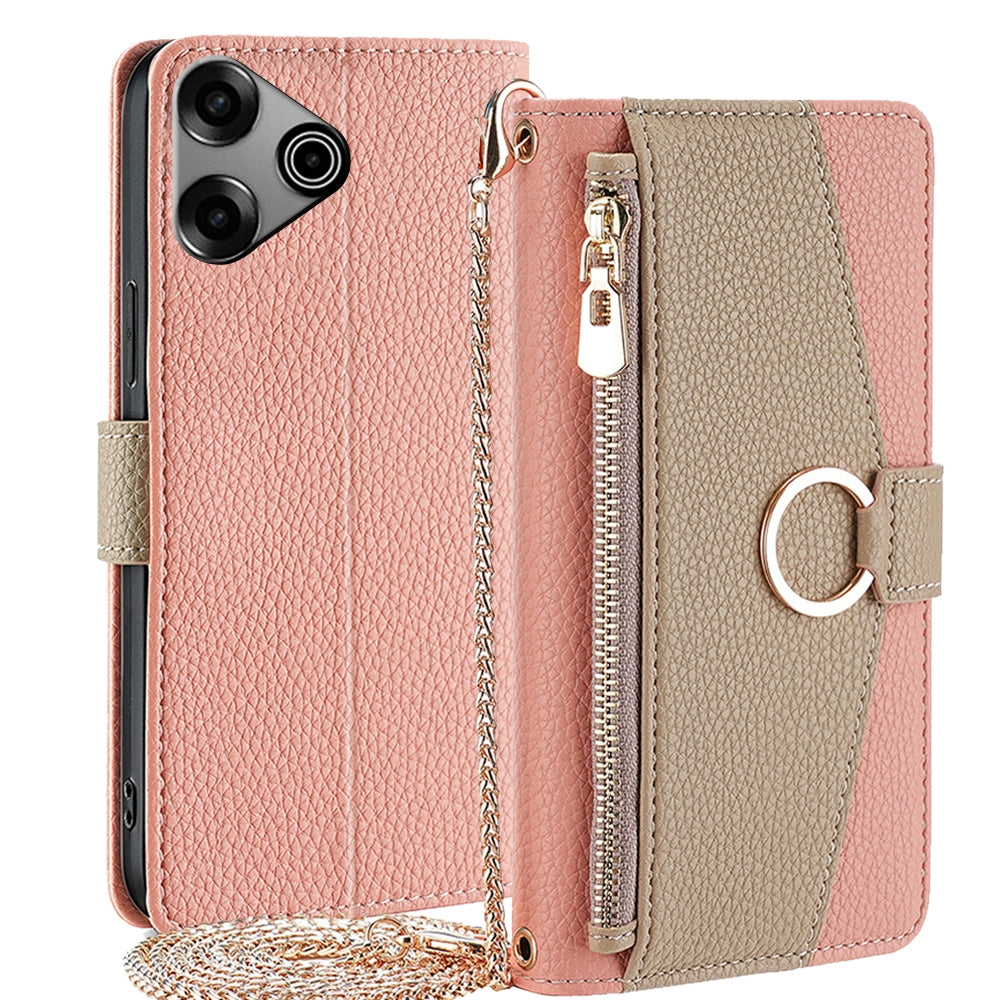 Tecno Pova 6 Pro 5G Crossbody Phone Case with Litchi Texture Leather, Adjustable Kickstand, Card Slots, Zipper Purse, Makeup Mirror, and TPU Protection