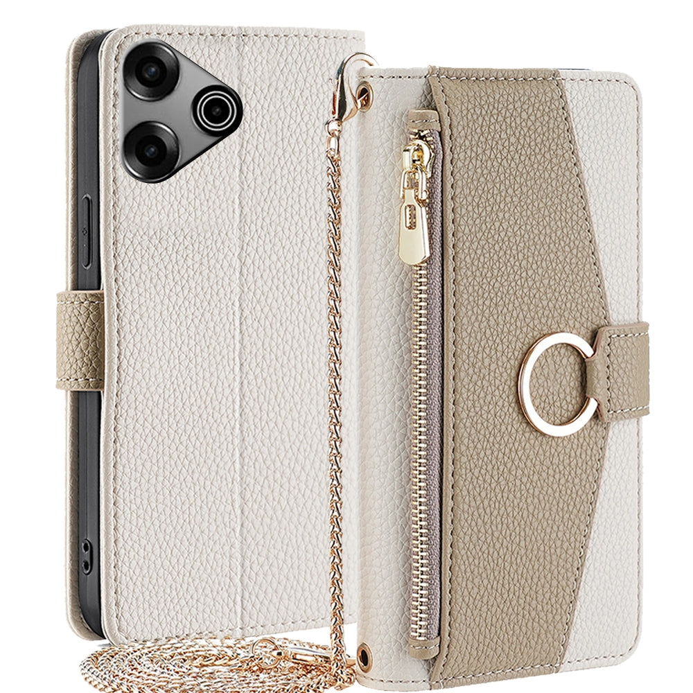 Tecno Pova 6 Pro 5G Crossbody Phone Case with Litchi Texture Leather, Adjustable Kickstand, Card Slots, Zipper Purse, Makeup Mirror, and TPU Protection